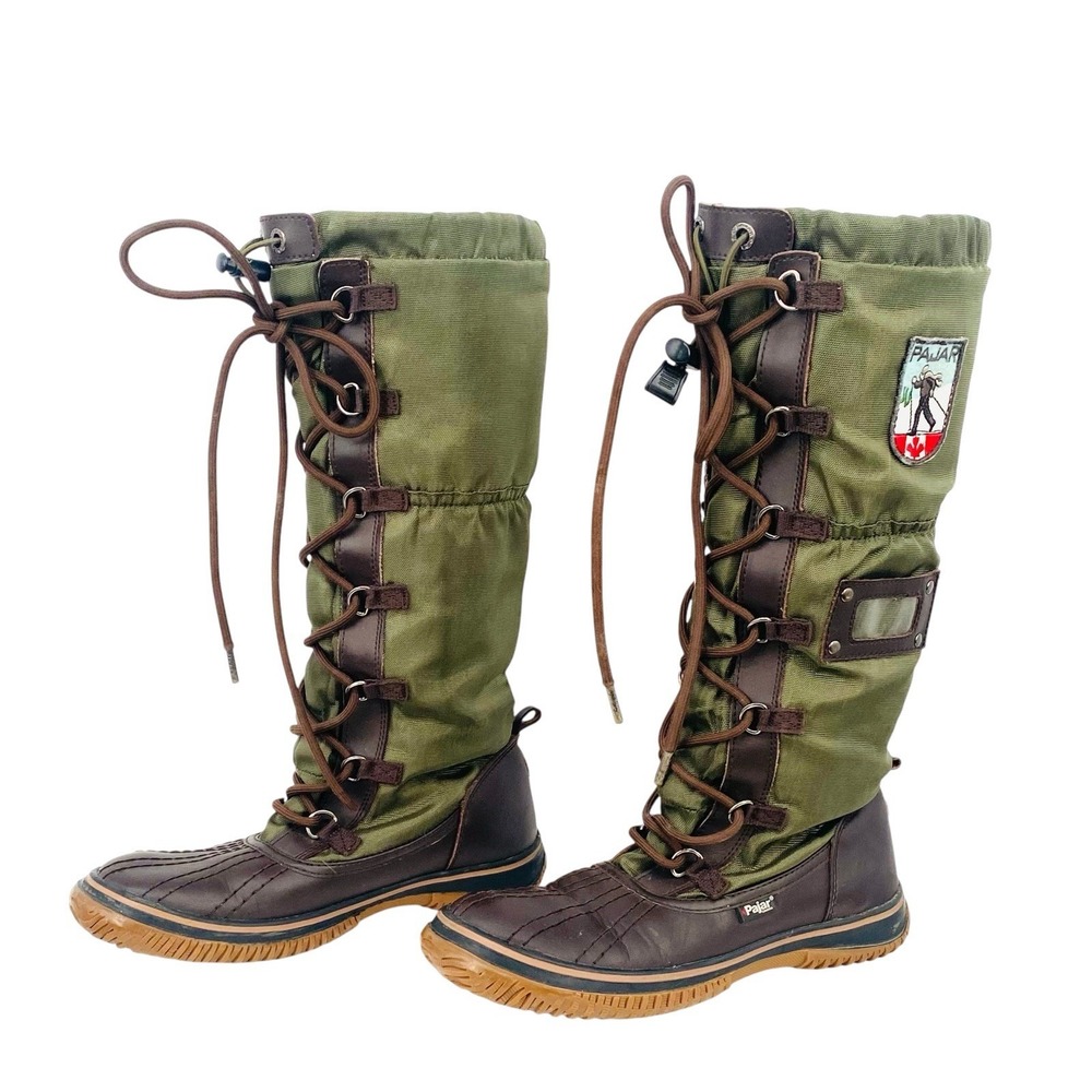 Pajar Canada Winter Boots Womens Olive Green Brown Good Tall Lace Up Duck Toe